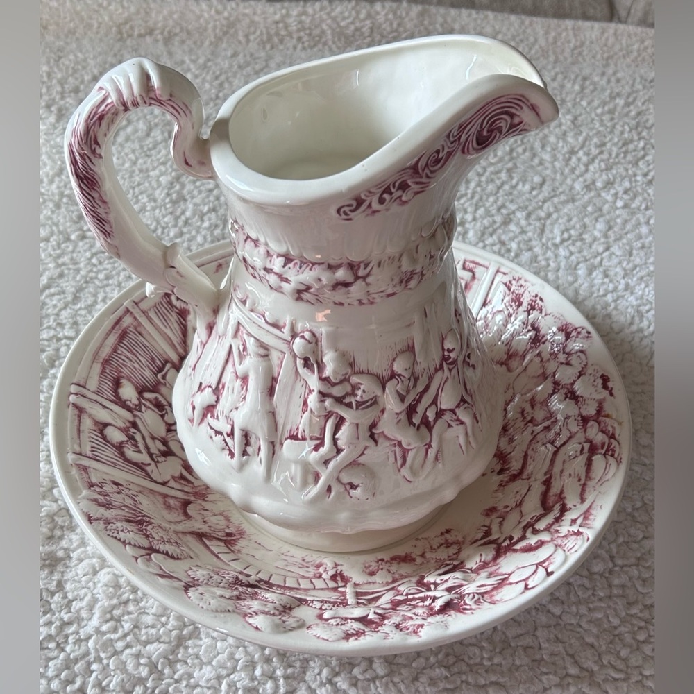 Vintage 1968 Red Transferware Pitcher & Bowl Set – Beautiful Detail